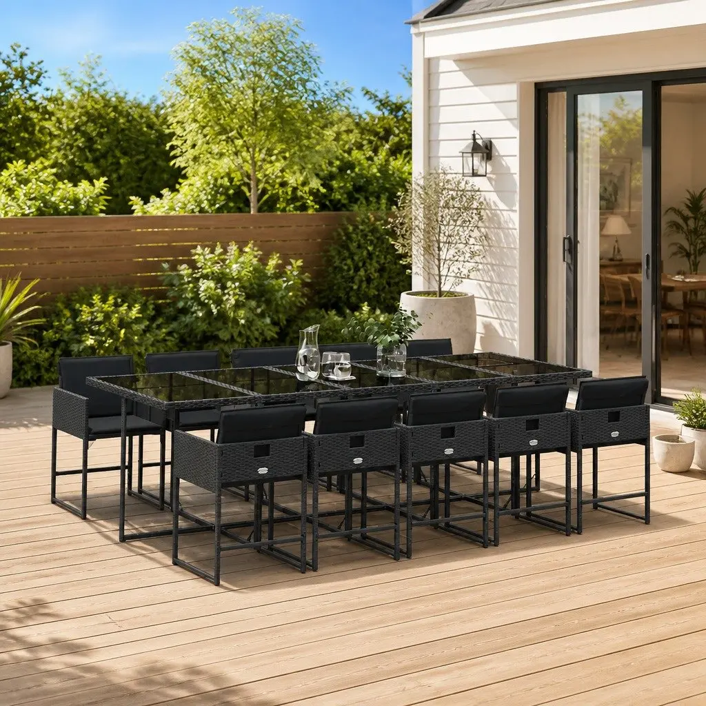 11 Piece Black Garden Dining Set with Cushions