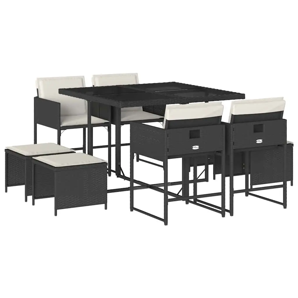 9 Piece Outdoor Dining Set PE Rattan Table Chairs Cushions Black