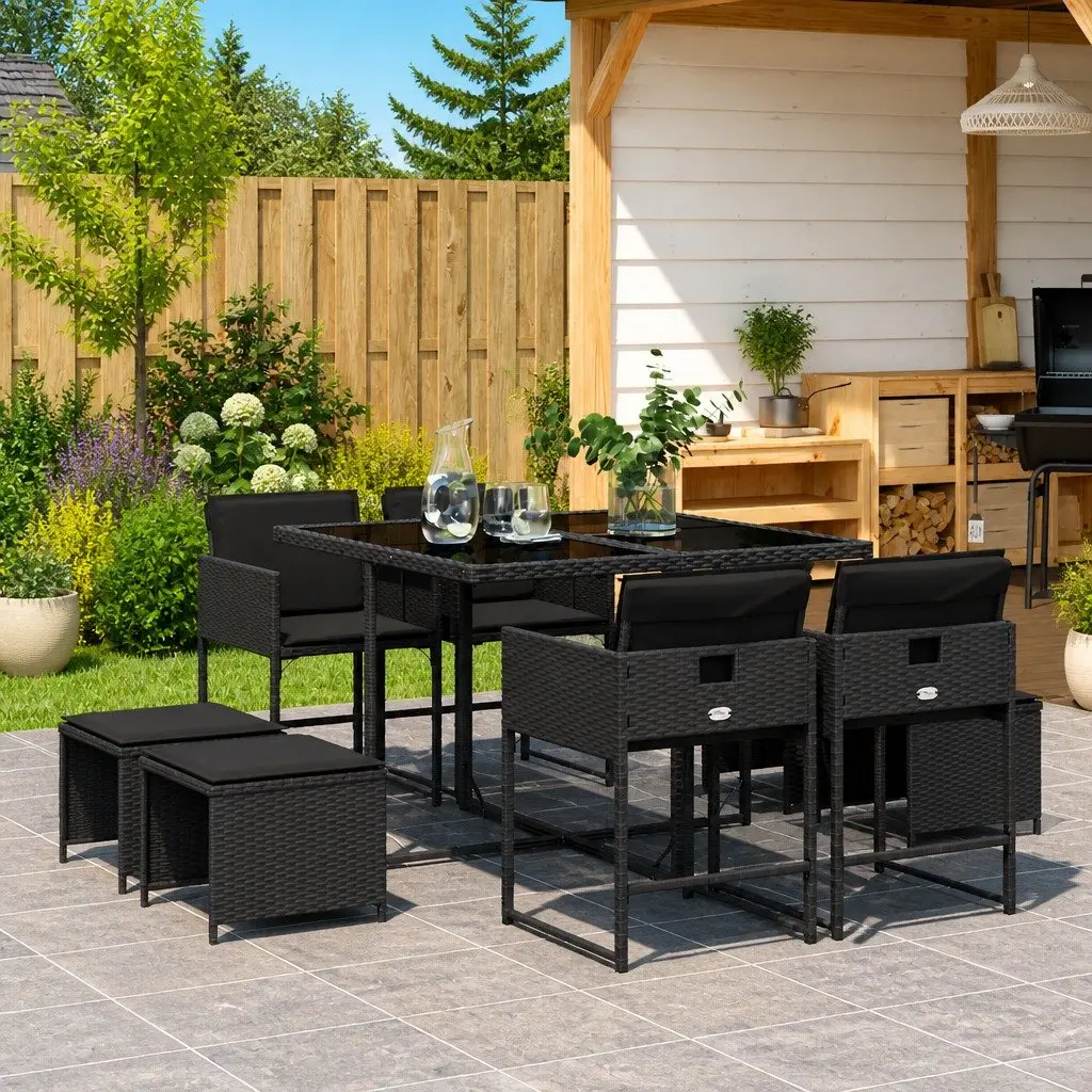 9 Piece Outdoor Dining Set PE Rattan Black Garden Patio Furniture