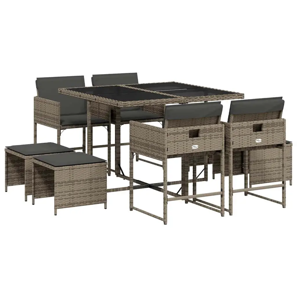 Garden Dining Set 9 Piece Grey PE Rattan Outdoor Patio Furniture with Cushions