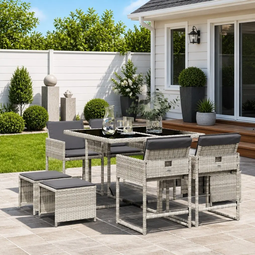 9-Piece Garden Dining Set with Grey Poly Rattan Chairs