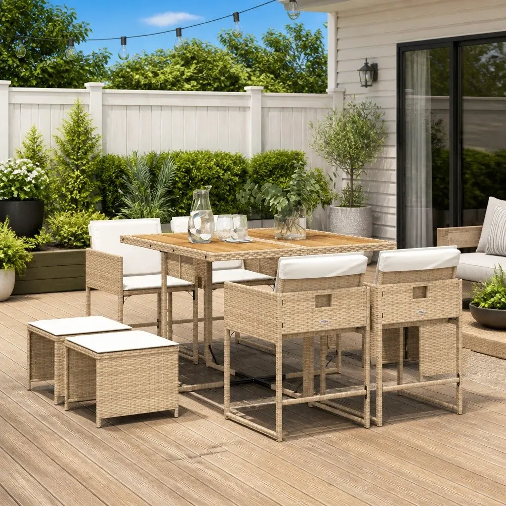 Garden Dining Set PE Rattan 9 Piece Outdoor Furniture Acacia Wood Table Beige