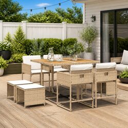 9-Piece Beige Rattan Garden Dining Set with Cushions