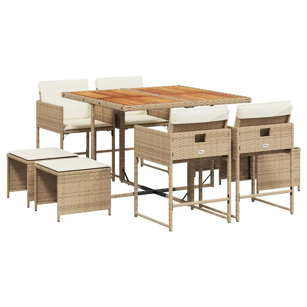 Garden Dining Set PE Rattan 9 Piece Outdoor Furniture Acacia Wood Table Beige