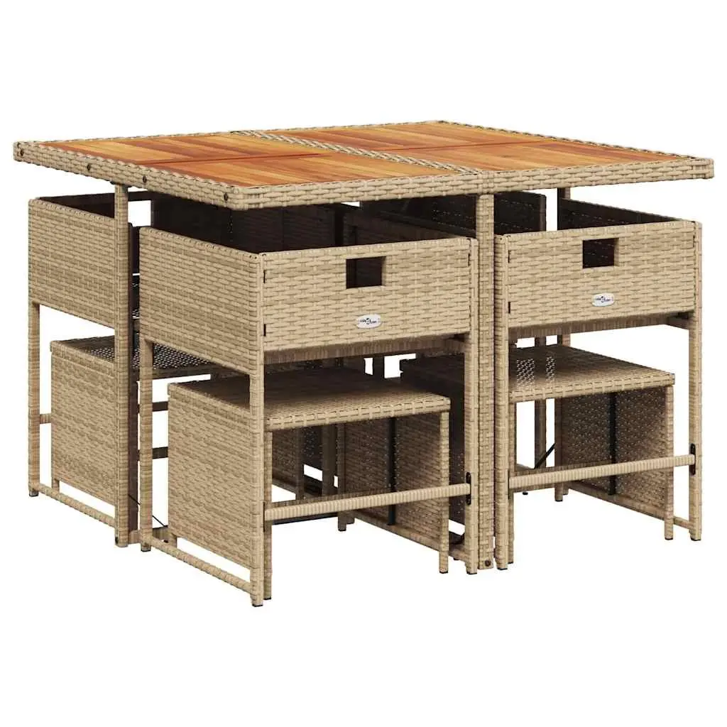 Garden Dining Set PE Rattan 9 Piece Outdoor Furniture Acacia Wood Table Beige
