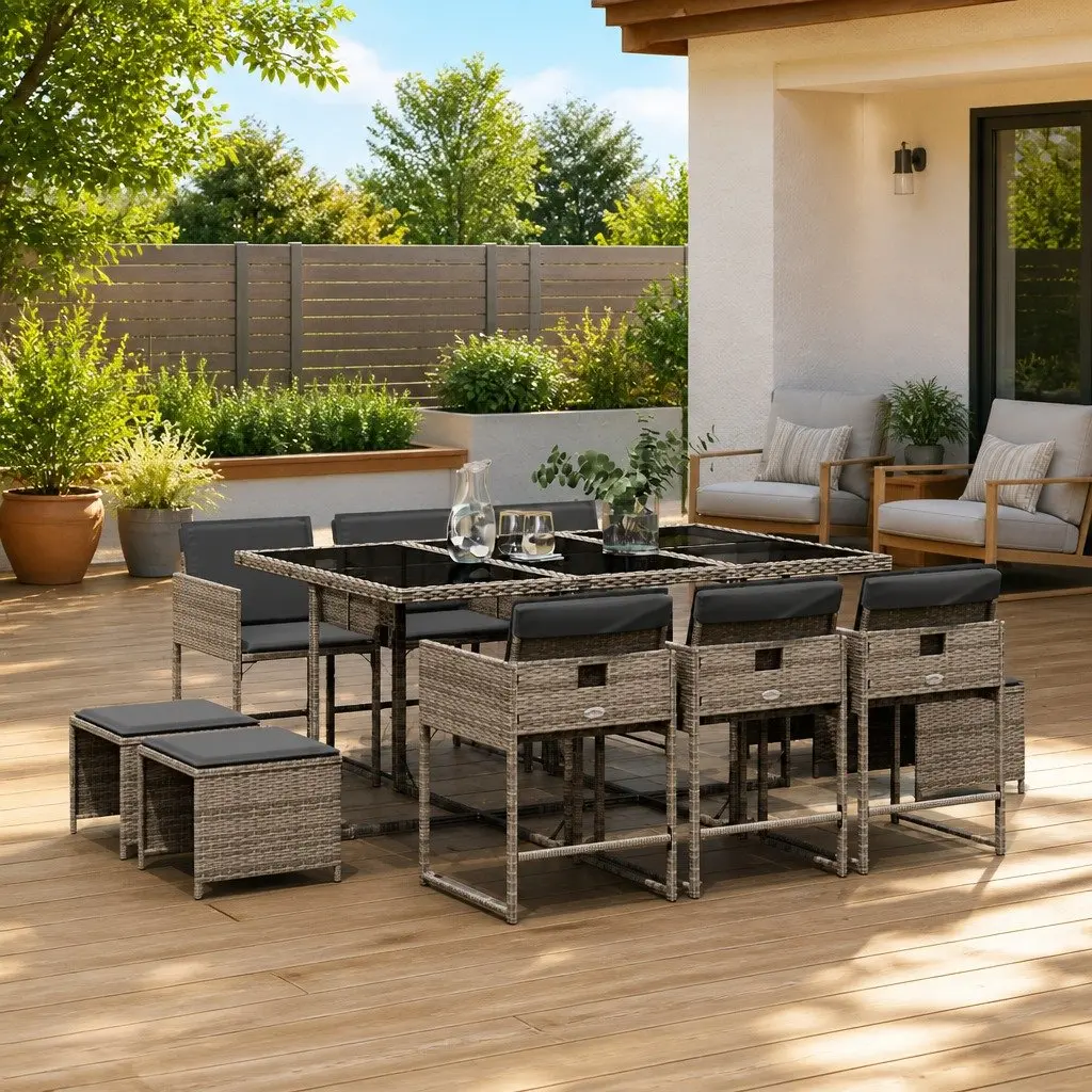 Outdoor 11-Piece Garden Dining Set with Grey PE Rattan