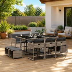 Outdoor 11-Piece Garden Dining Set with Grey PE Rattan