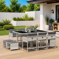 Poly Rattan Grey Garden Dining Set with Cushions - 11 Pieces