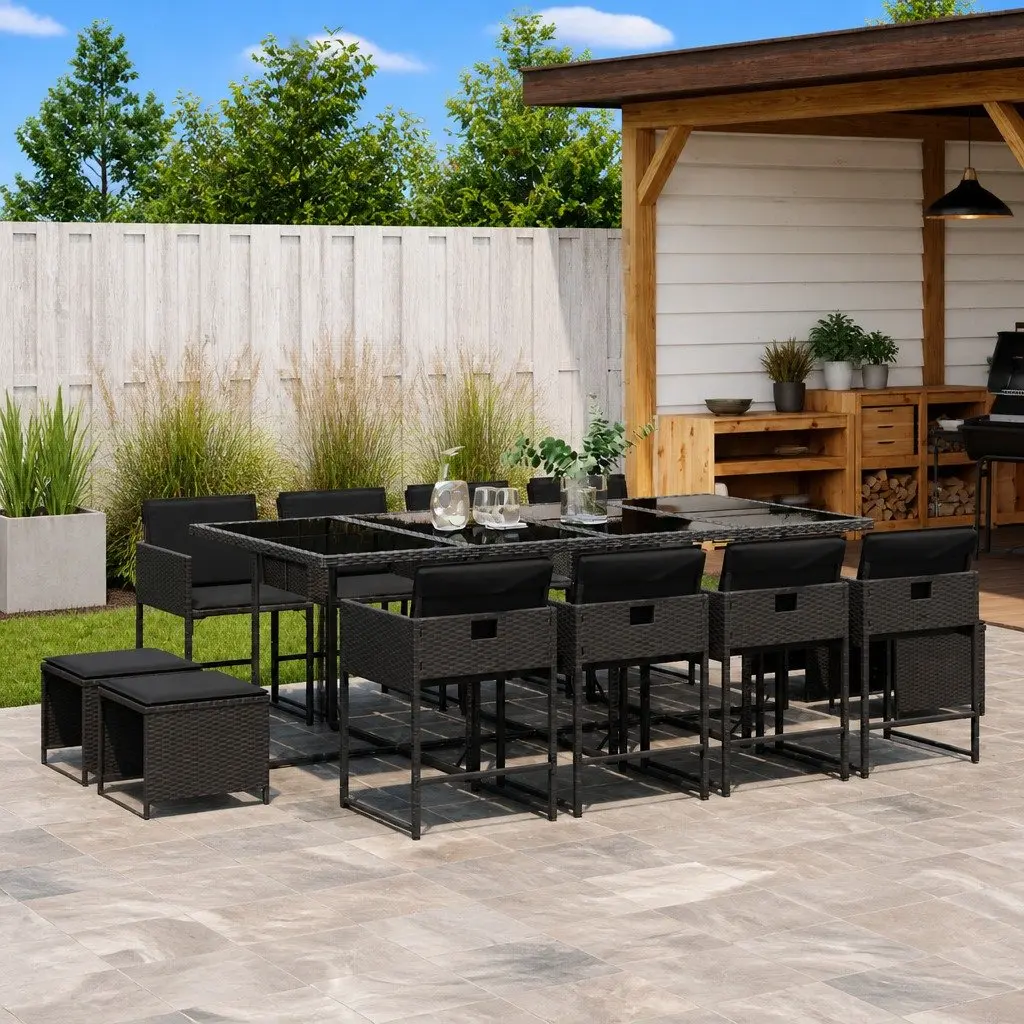 13 Piece Black Poly Rattan Outdoor Dining Set