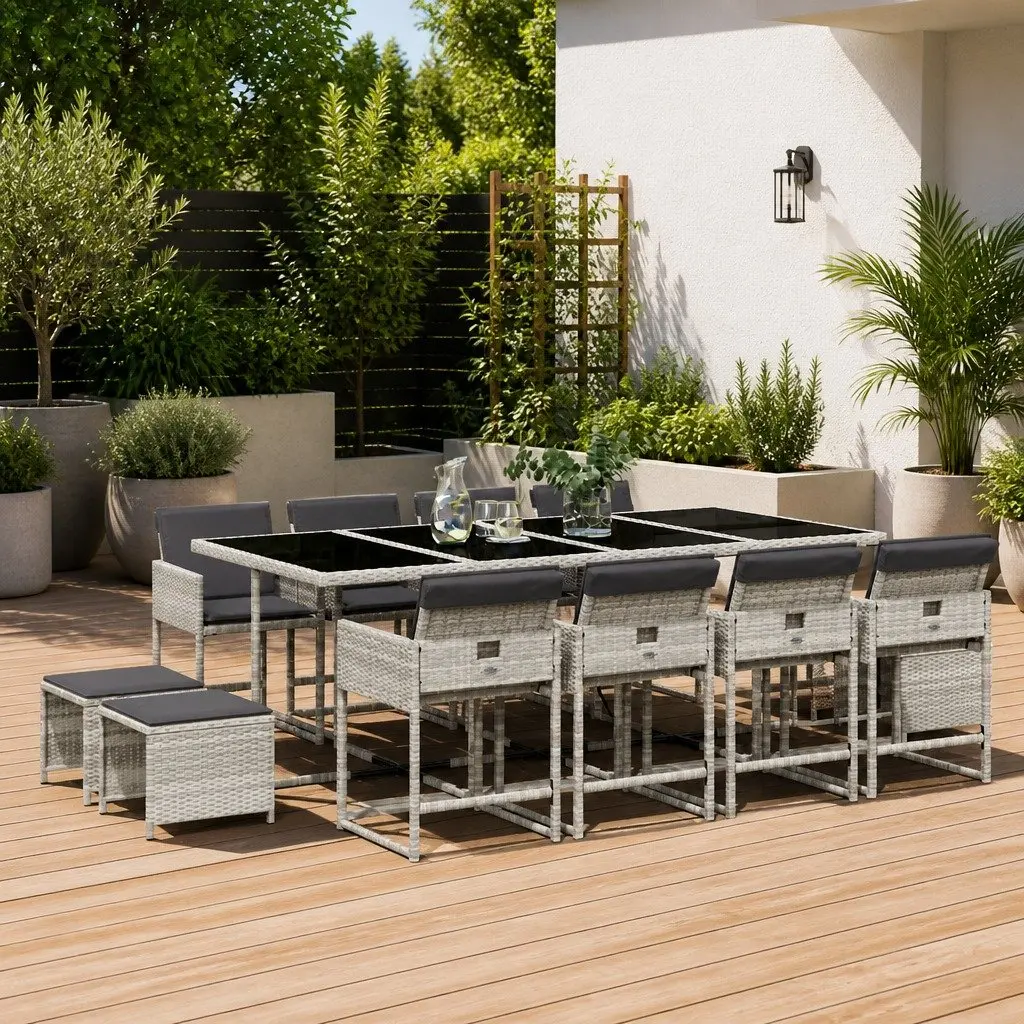 Garden Dining Set PE Rattan 13 Piece Outdoor Furniture Grey with Cushions
