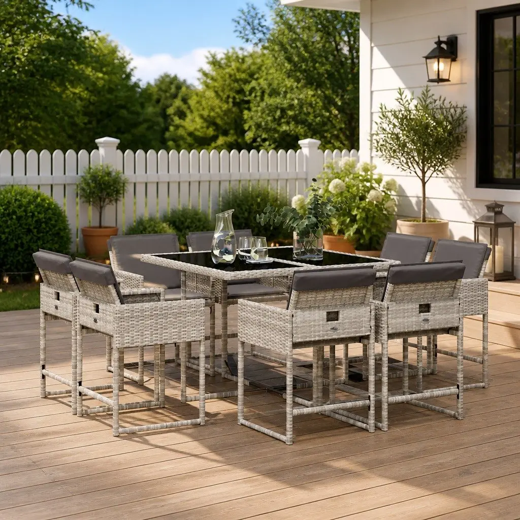 9-Piece Grey Outdoor Dining Set with Cushions