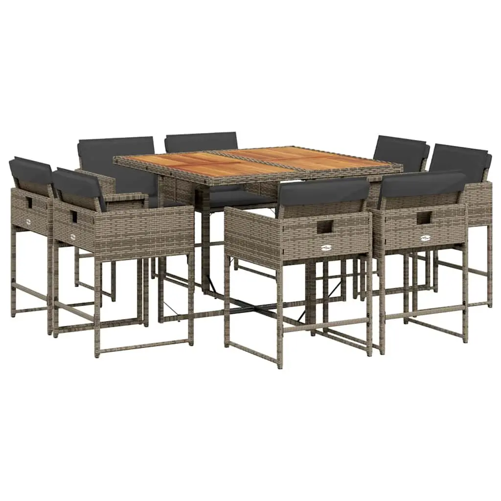9 Piece Outdoor Dining Set PE Rattan Acacia Wood Table Grey