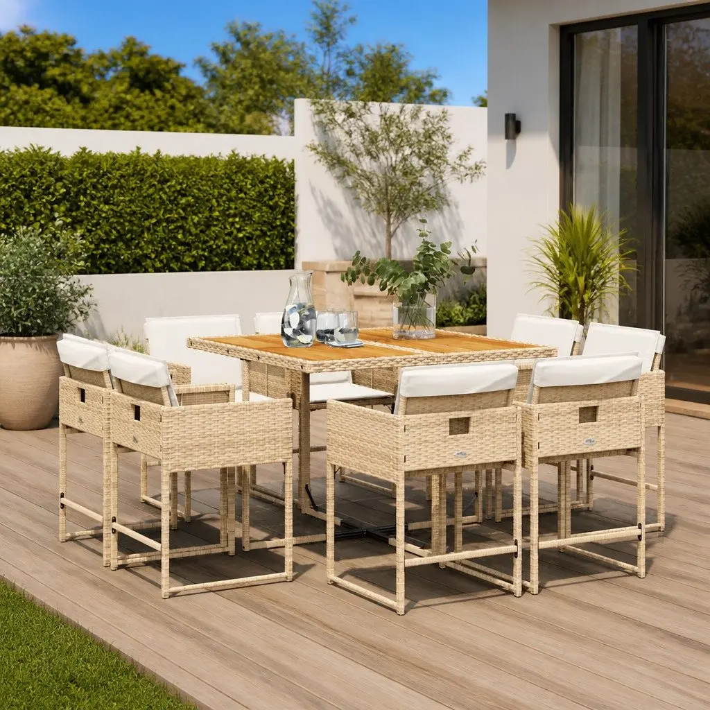 9 Piece Garden Dining Set with Cushions in Beige