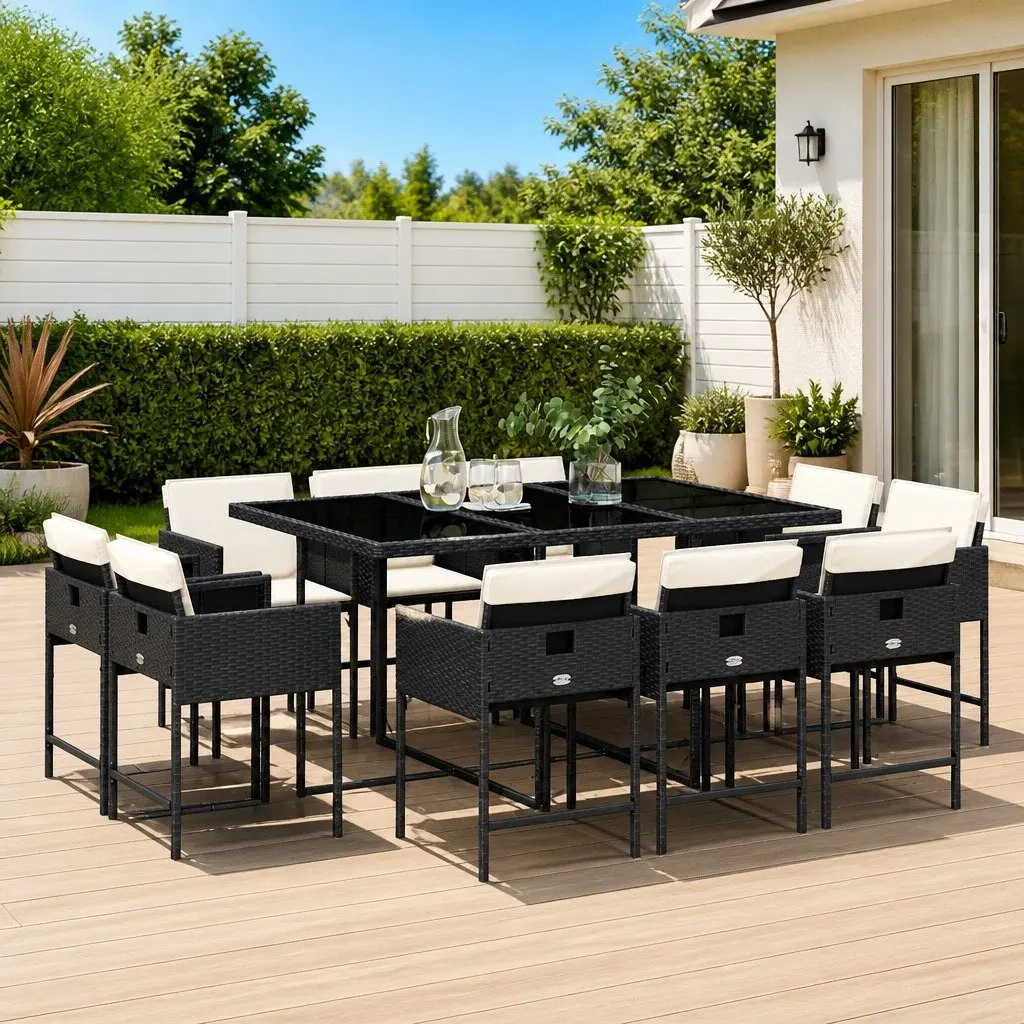 Outdoor Dining Set PE Rattan 11 Pieces Black Table Chairs Cushions