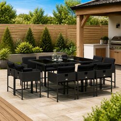 Black Poly Rattan Outdoor Dining Set with Cushions - 11 Pieces