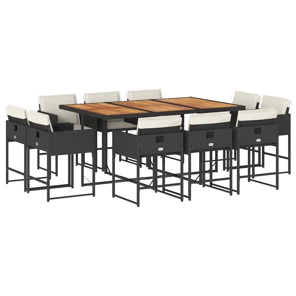 Garden Dining Set PE Rattan Acacia Wood 11 Piece Outdoor Furniture Table Chairs with Cushions Black