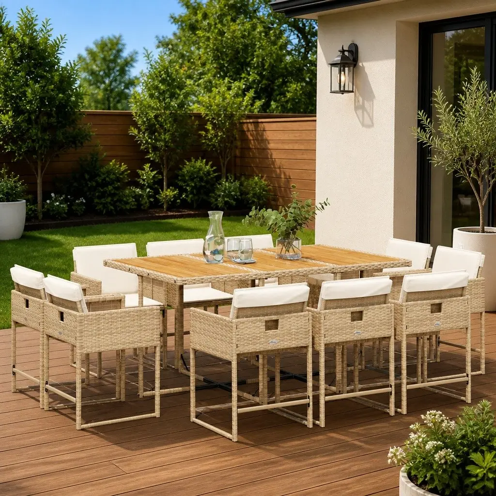 Garden Dining Set 11 Piece Poly Rattan Beige Outdoor Furniture Table Chairs