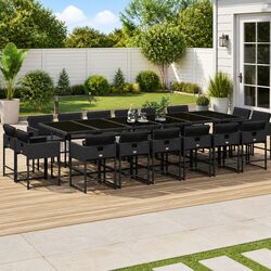 17-Piece Black Poly Rattan Garden Dining Set with Cushions