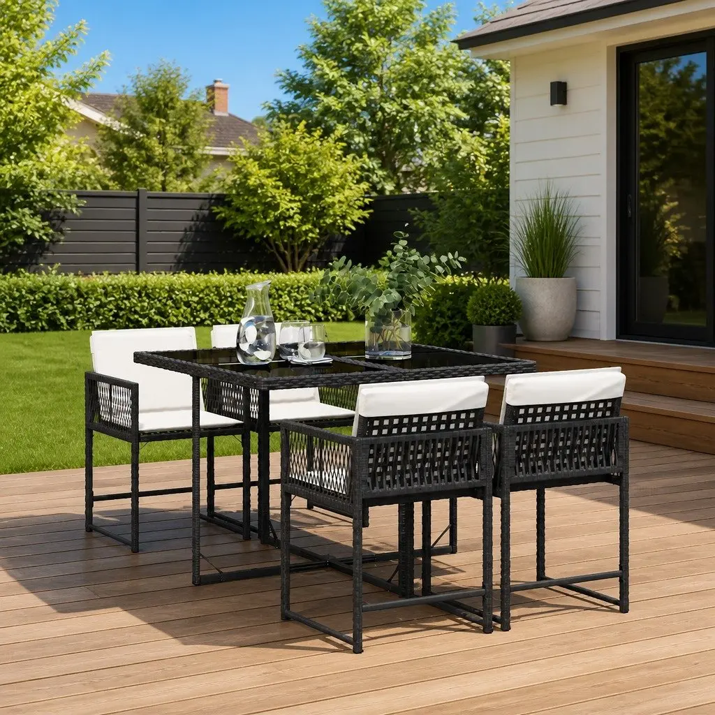 5-Piece Black Poly Rattan Garden Dining Set