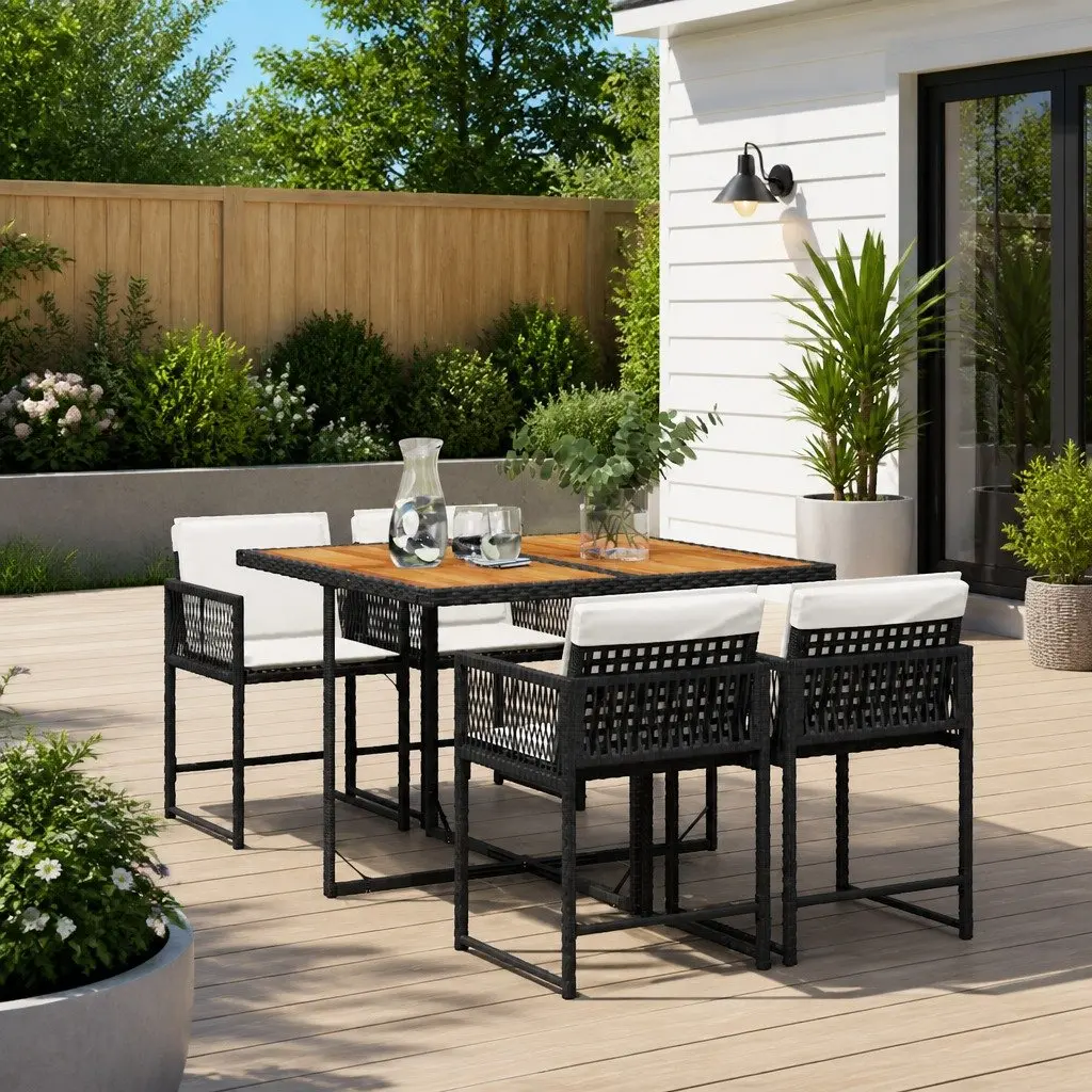 Garden Dining Set PE Rattan 5 Piece Outdoor Furniture Black with Cushions