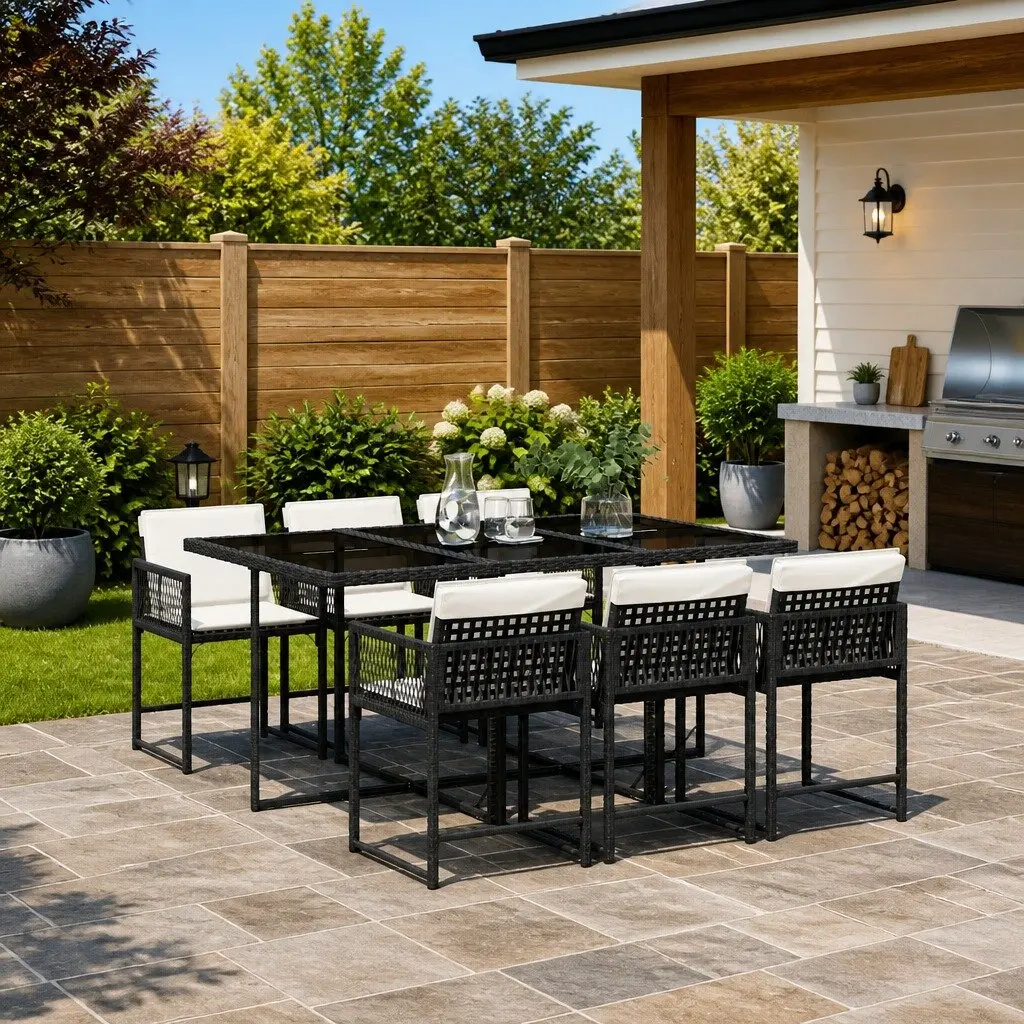 7 Piece Black Poly Garden Dining Set with Cushions