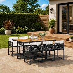Black 7 Piece Outdoor Dining Set with Poly Rattan Chairs