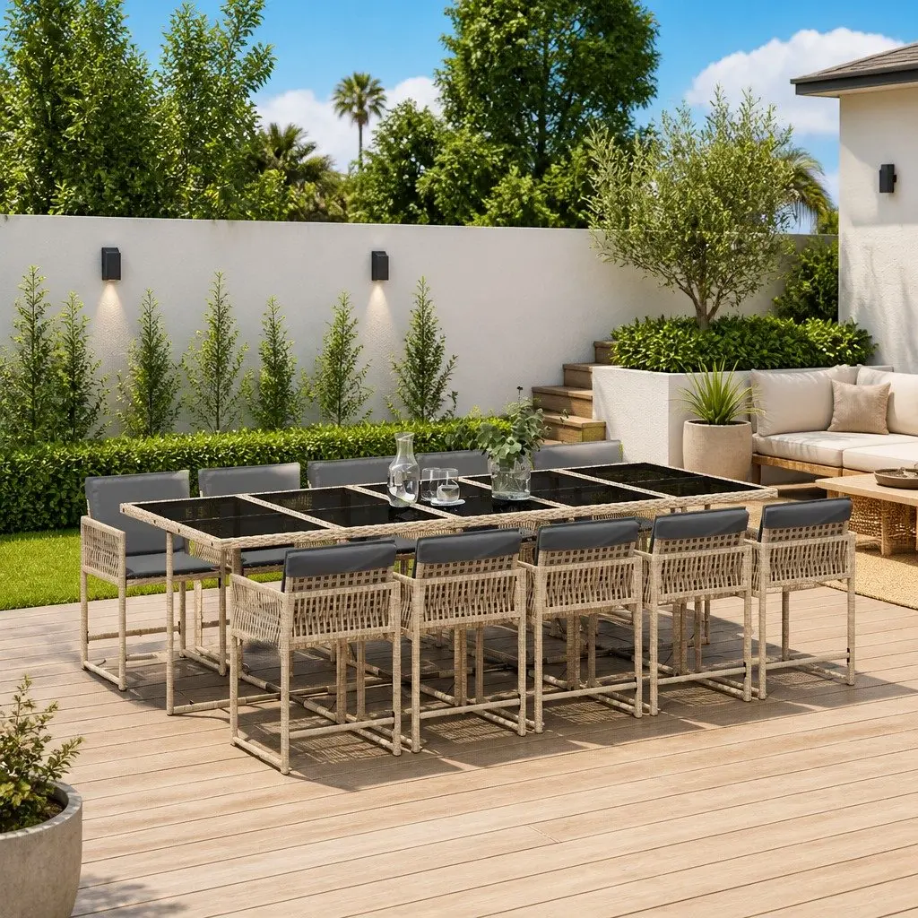 Garden Dining Set PE Rattan 11 Piece Outdoor Furniture Beige