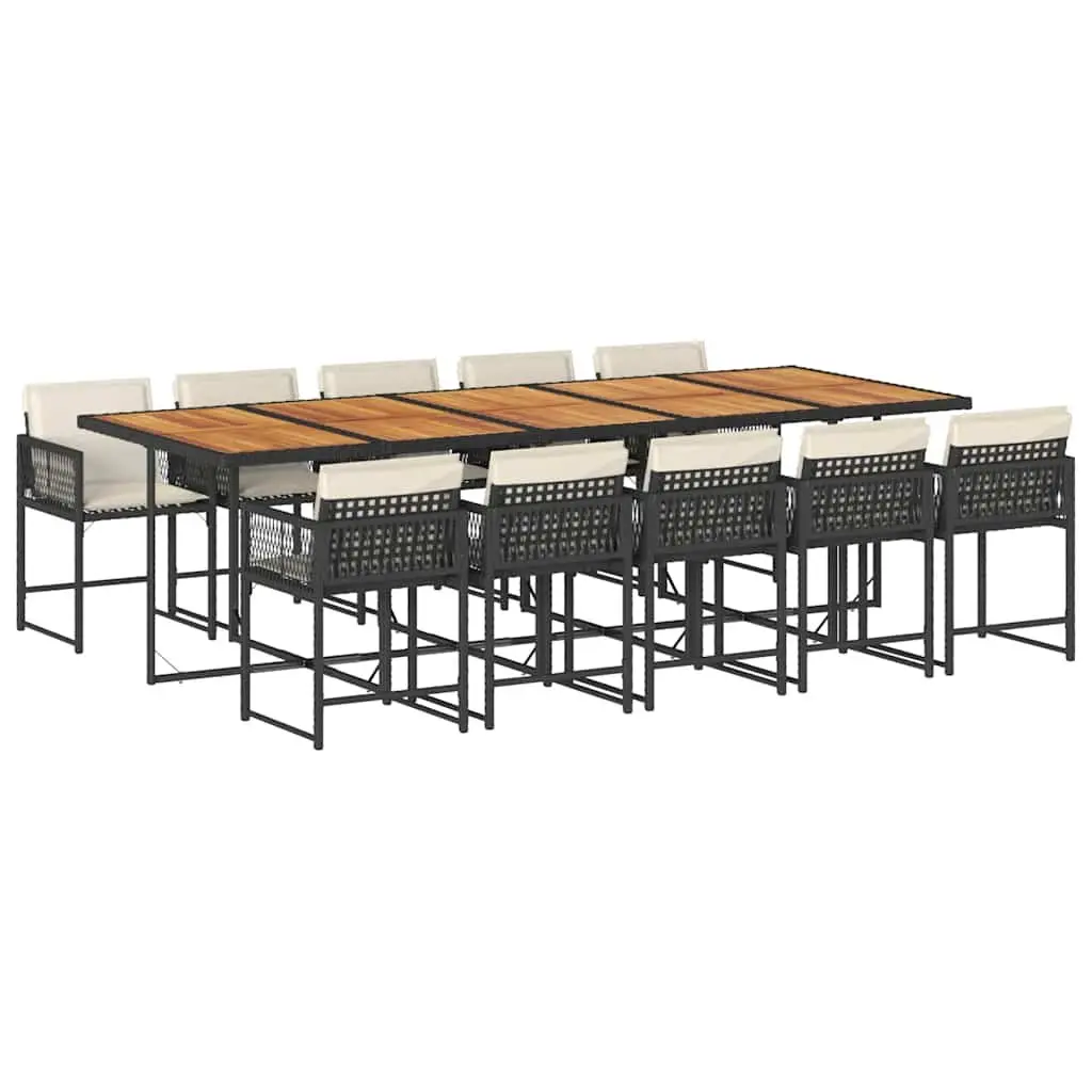 11 Piece Garden Dining Set PE Rattan Acacia Wood Black Table Chairs Cushions Outdoor