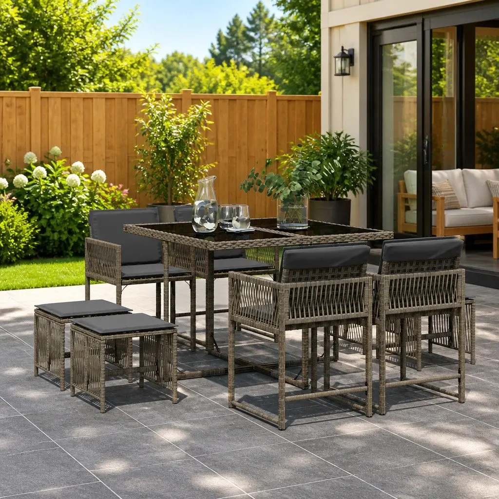 Garden Dining Set PE Rattan 9 Piece Outdoor Furniture Grey Table Chairs Patio