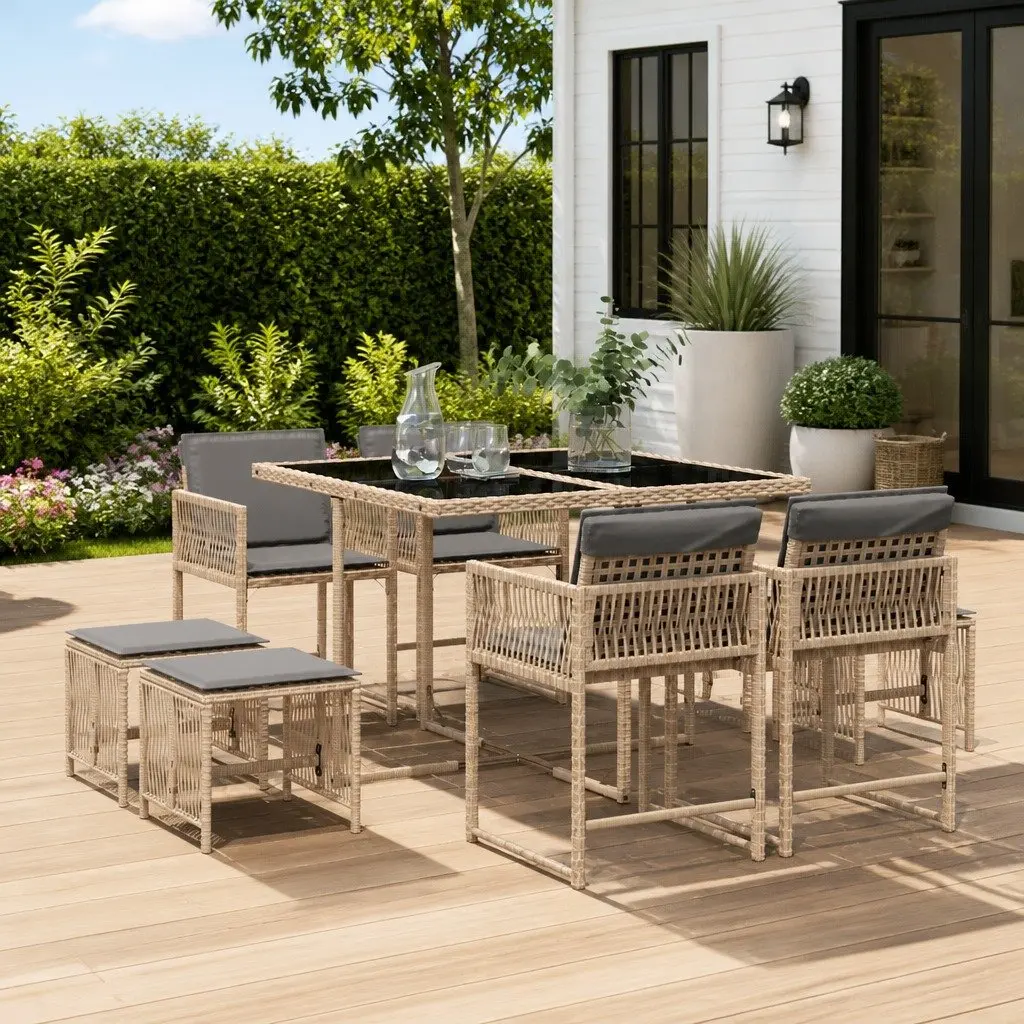 Beige Poly Rattan 9 Piece Outdoor Dining Set