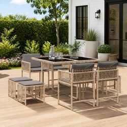 Beige Poly Rattan 9 Piece Outdoor Dining Set
