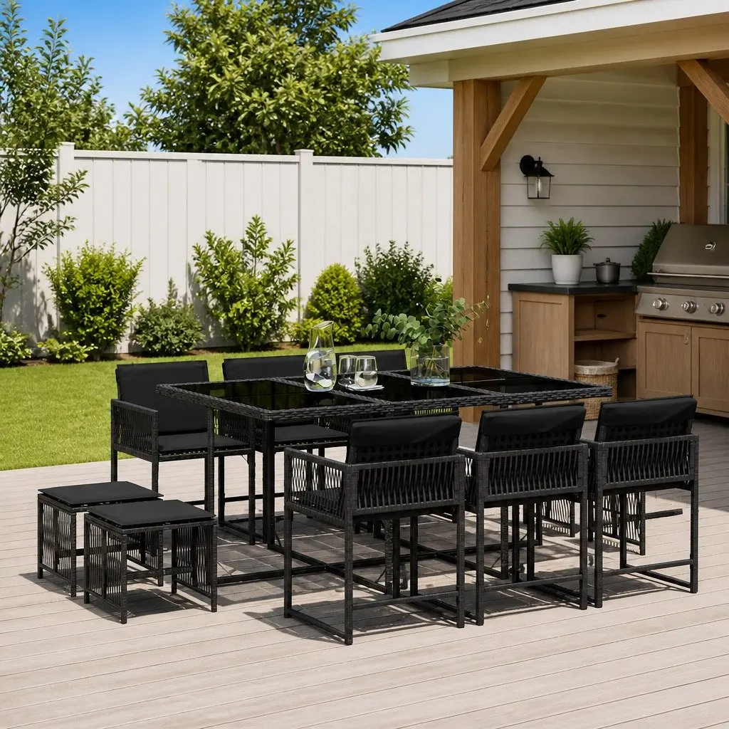 11 Piece Outdoor Dining Set PE Rattan Black Chairs Table Cushions