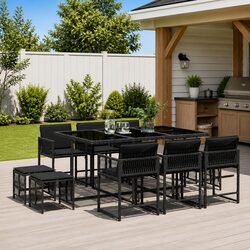 Durable 11 Piece Black Poly Rattan Garden Dining Set