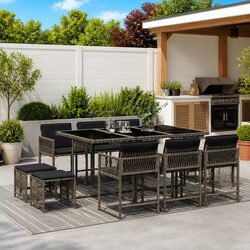 11-Piece Grey Poly Rattan Garden Dining Set with Cushions