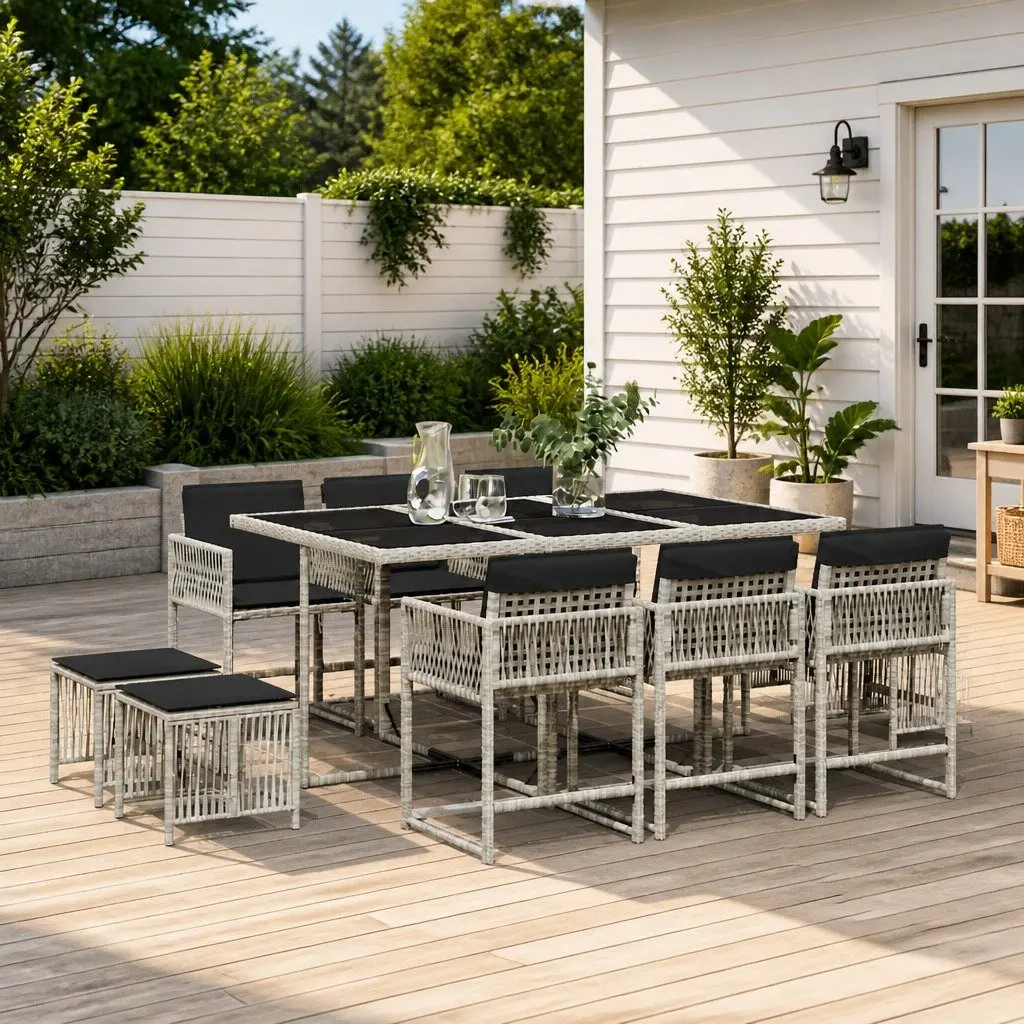 11-Piece Grey PE Rattan Garden Dining Set