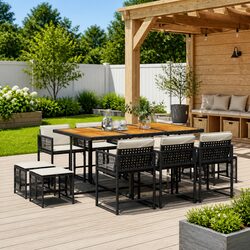 11-Piece Black Poly Rattan Garden Dining Set with Cushions