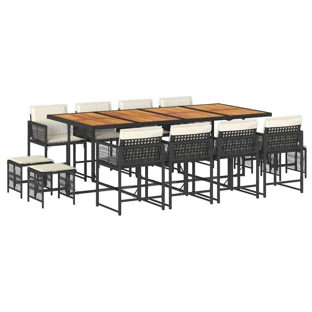 Garden Dining Set PE Rattan Acacia Wood 13 Piece Black Outdoor Furniture with Cushions