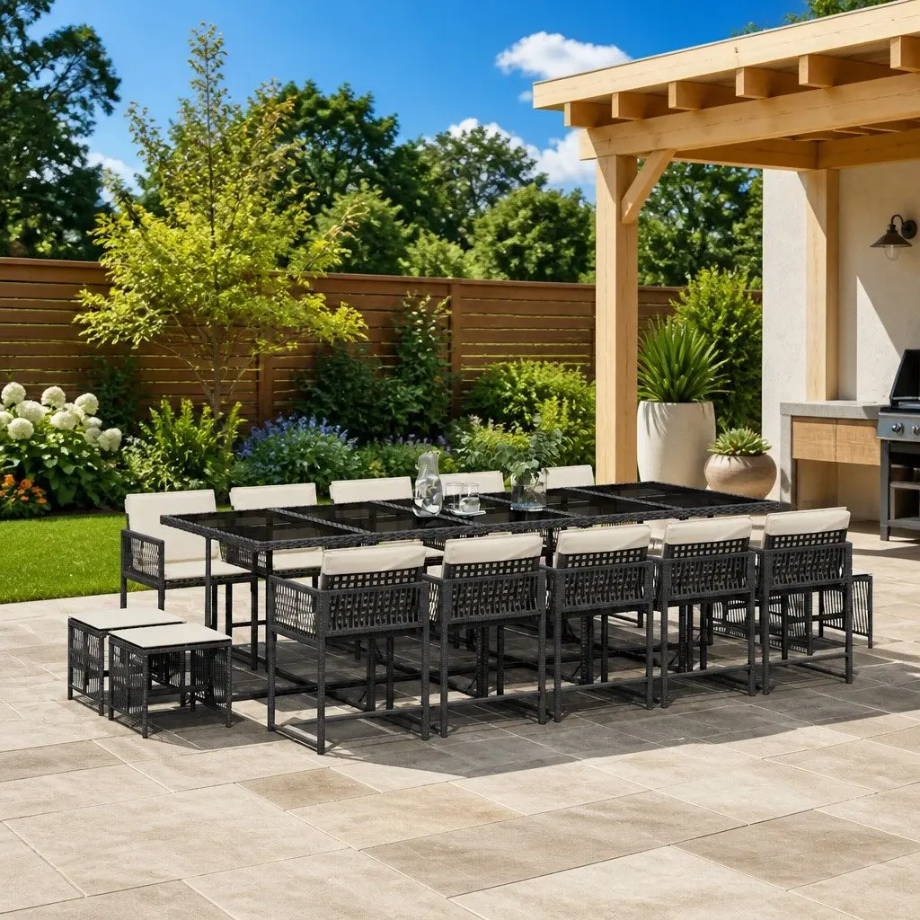 15-Piece Garden Dining Set with Black PE Rattan