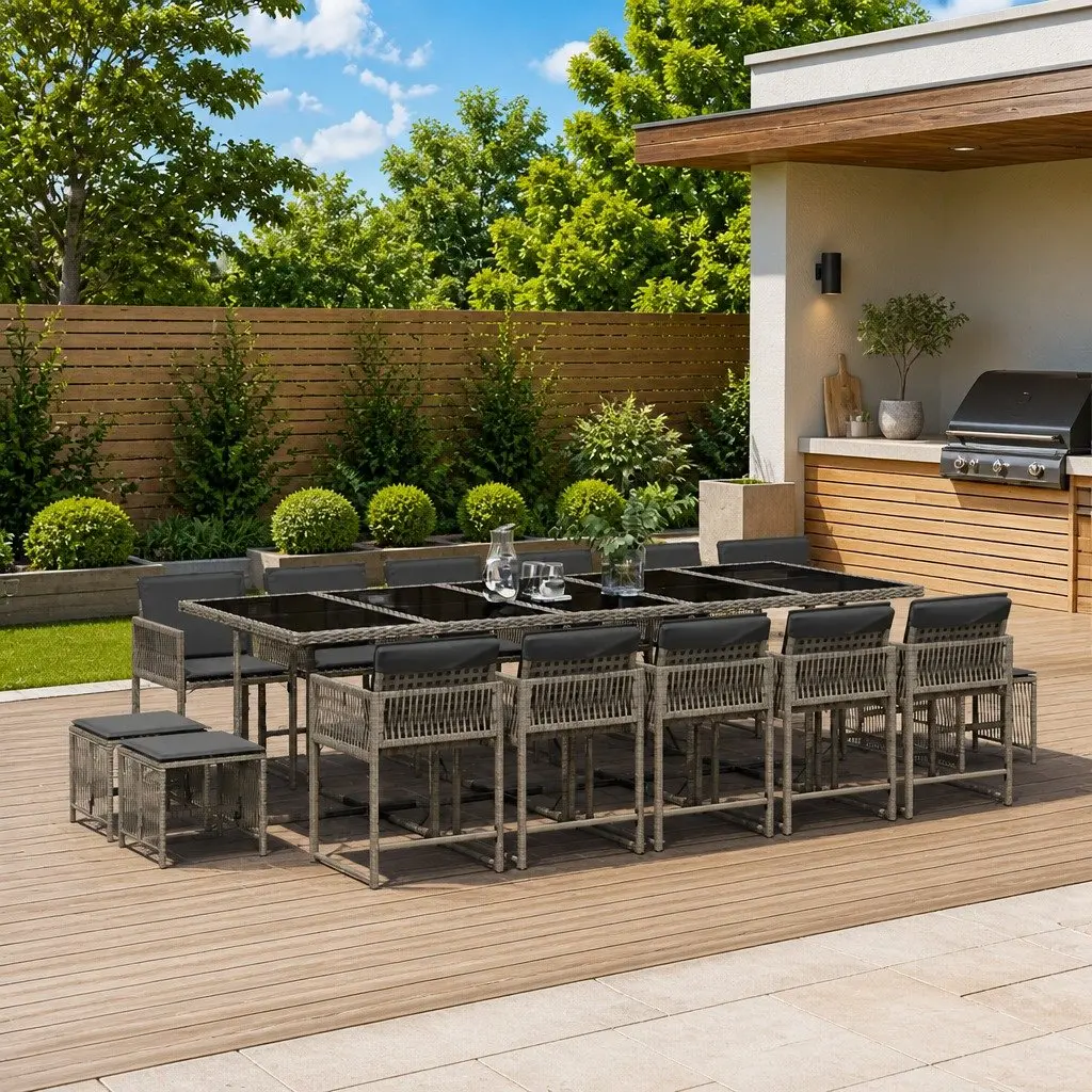 15-Piece Grey Poly Rattan Garden Dining Set