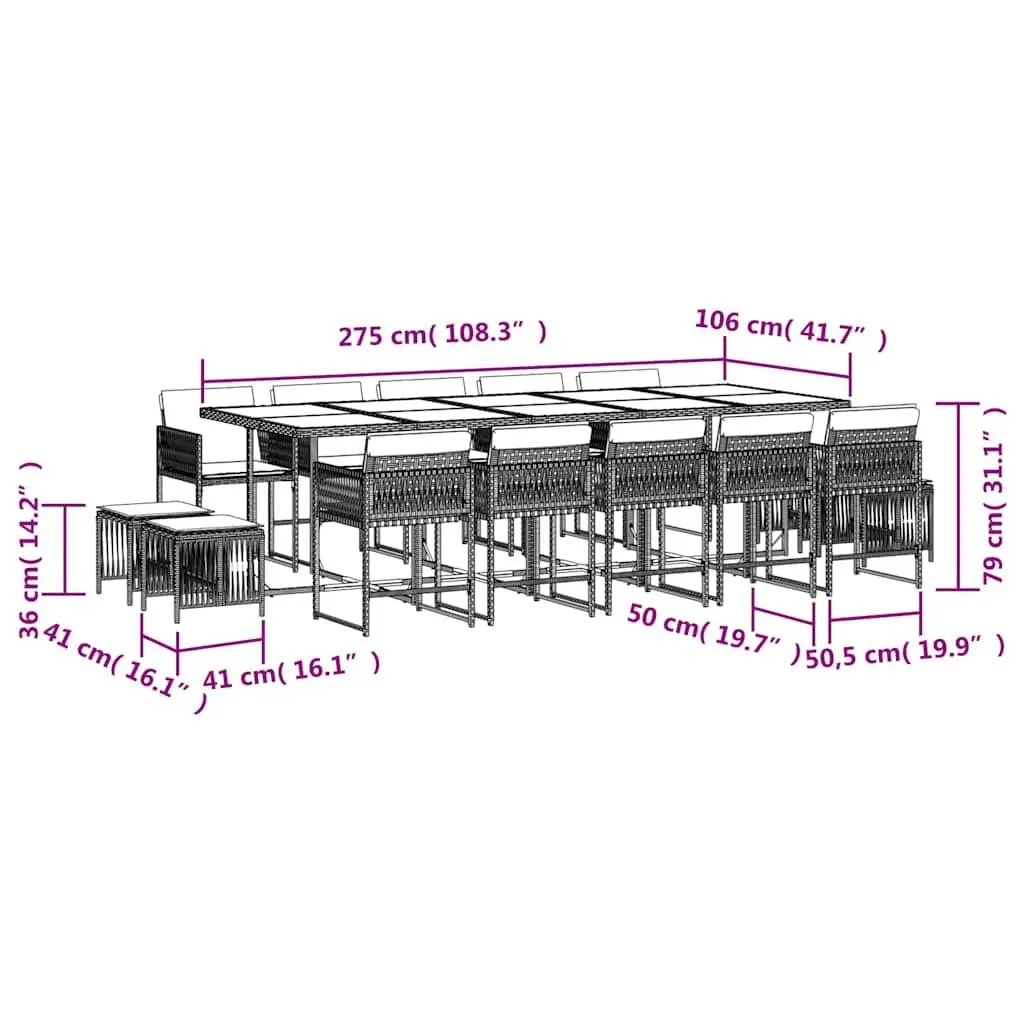 15 Piece Garden Dining Set with PE Rattan in Grey