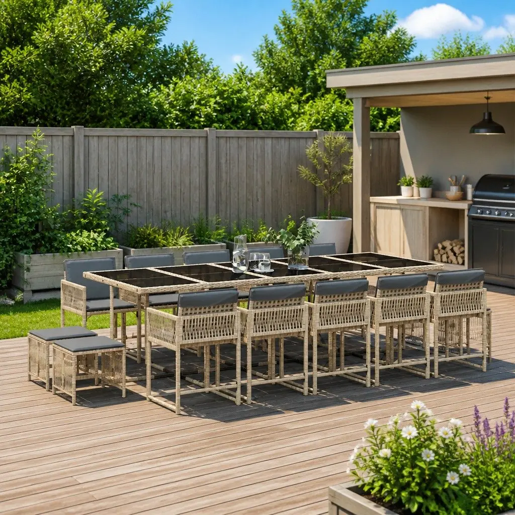 15-Piece Beige Garden Dining Set with Cushions