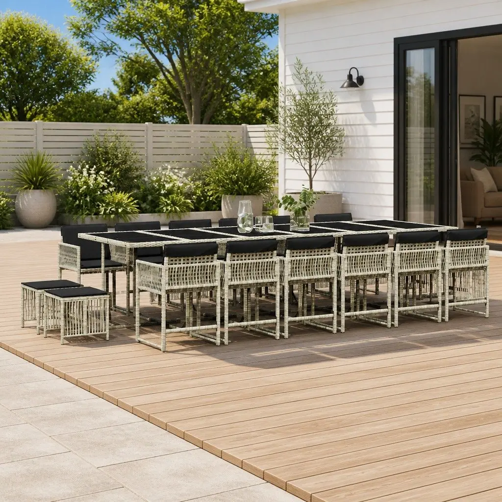 Garden Dining Set PE Rattan 17 Piece Outdoor Furniture Grey with Cushions