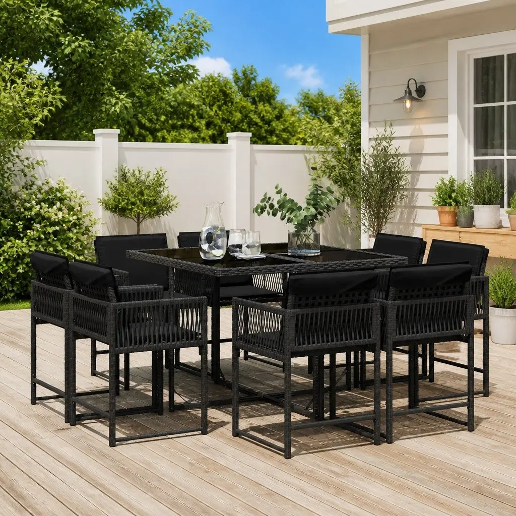 9 Piece Outdoor Garden Dining Set with Cushions in Black