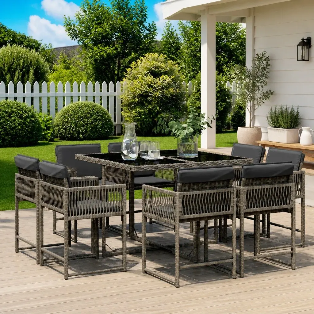 9 Piece Garden Dining Set PE Rattan Grey Outdoor Furniture Patio Table Chairs