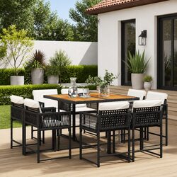 9-Piece Garden Dining Set with Cushions - Black Poly Rattan