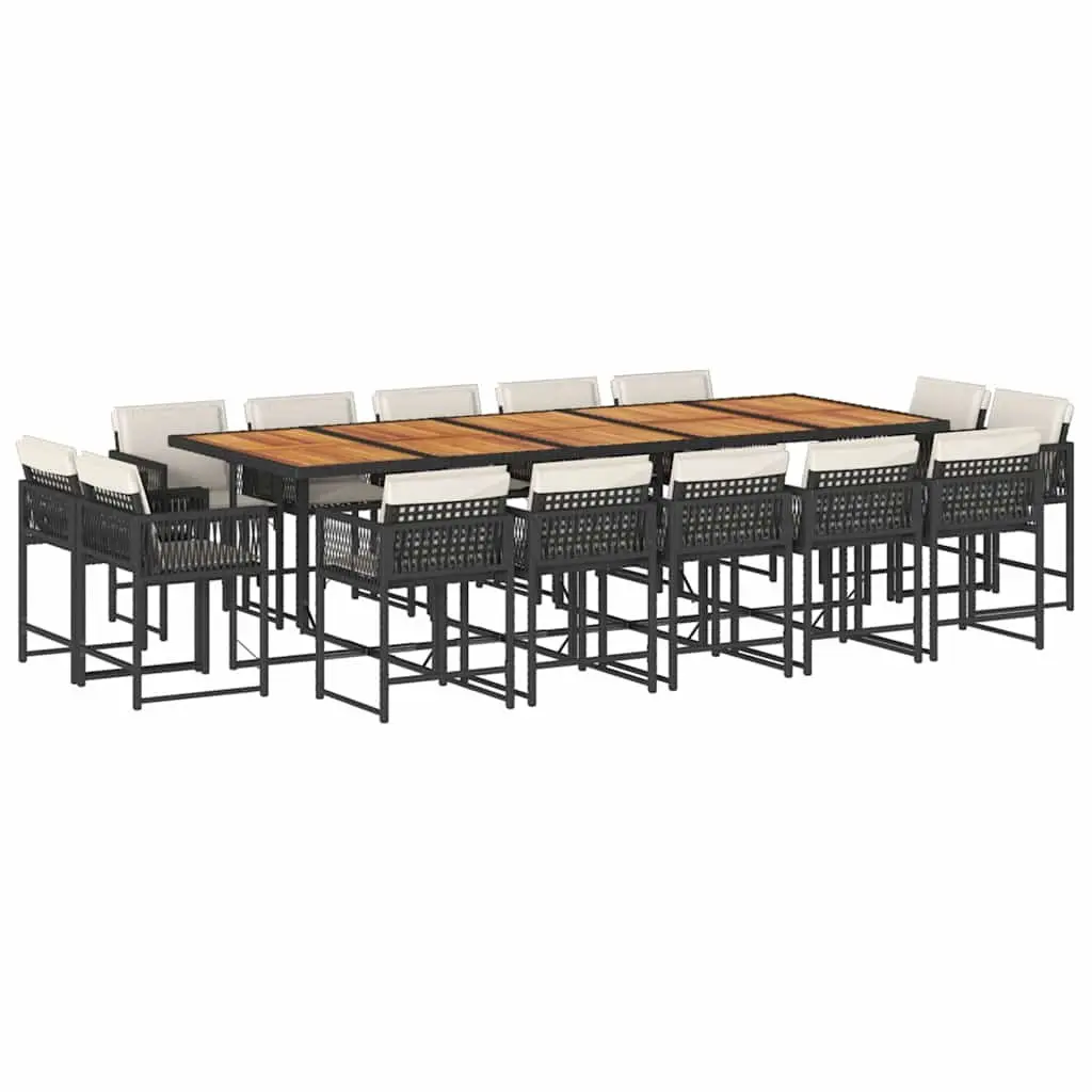 Garden Dining Set Poly Rattan Acacia Wood Table Black 15 Piece