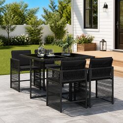Sturdy 5 Piece Outdoor Dining Set with Black Rattan Chairs