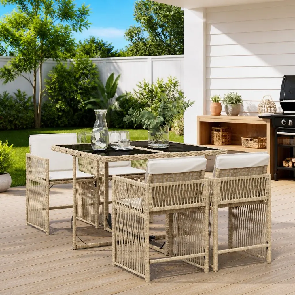5 Piece Garden Dining Set PE Rattan Beige Outdoor Patio Furniture