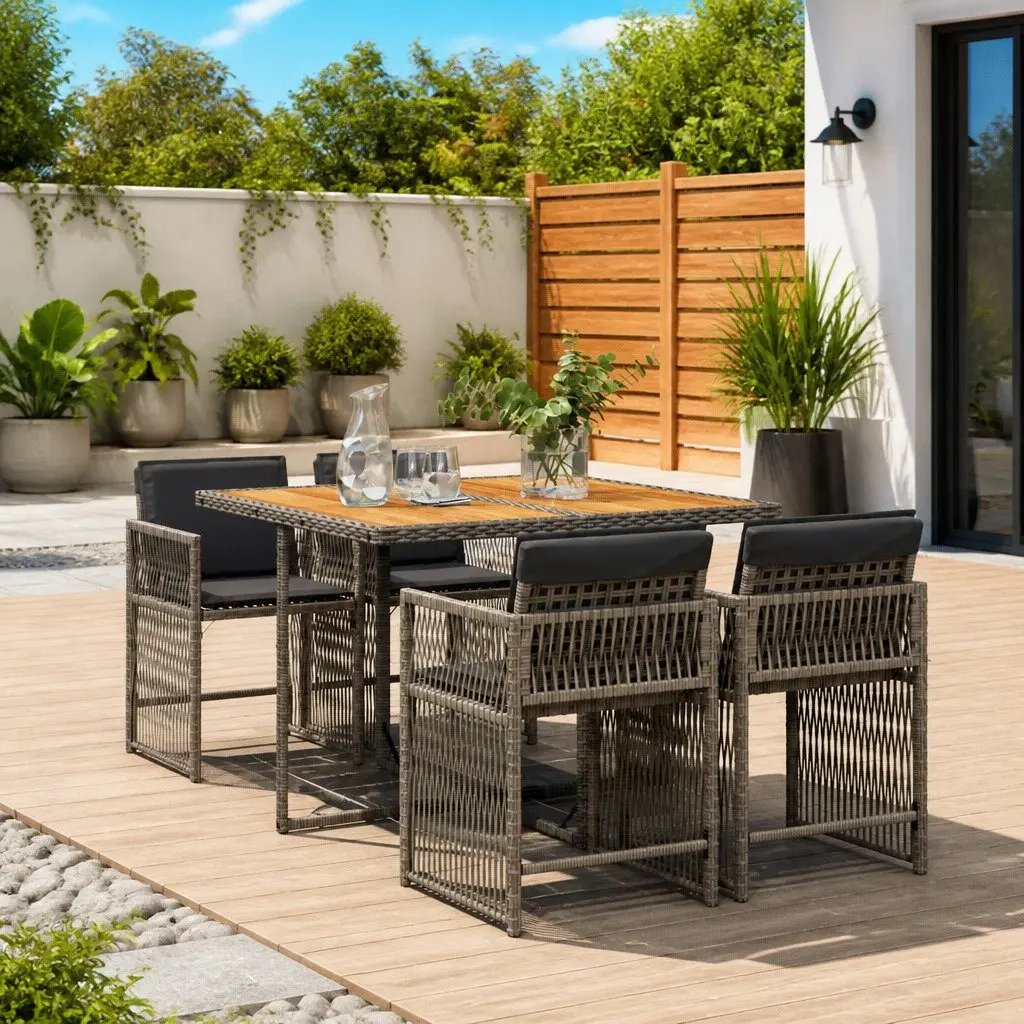 5 Piece Grey Poly Rattan Garden Dining Set