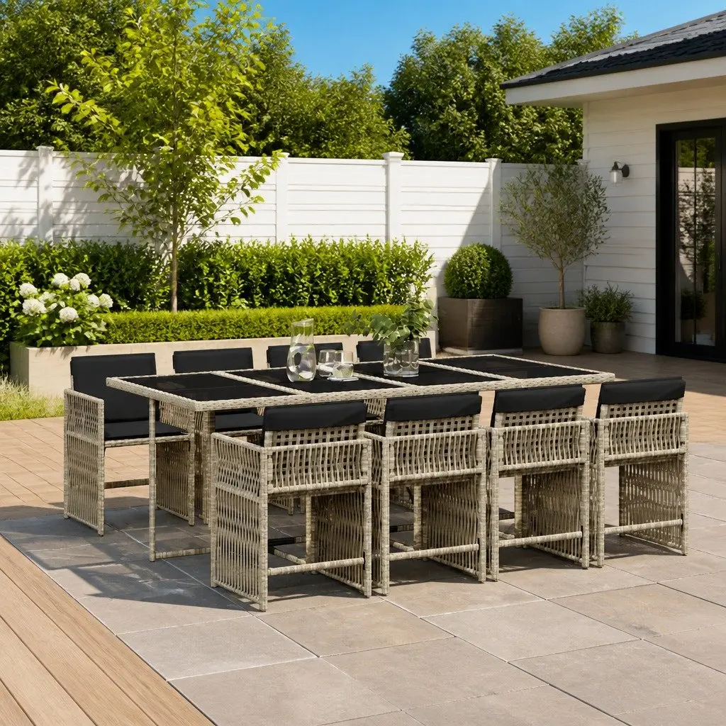 9 Piece Grey Poly Rattan Garden Dining Set